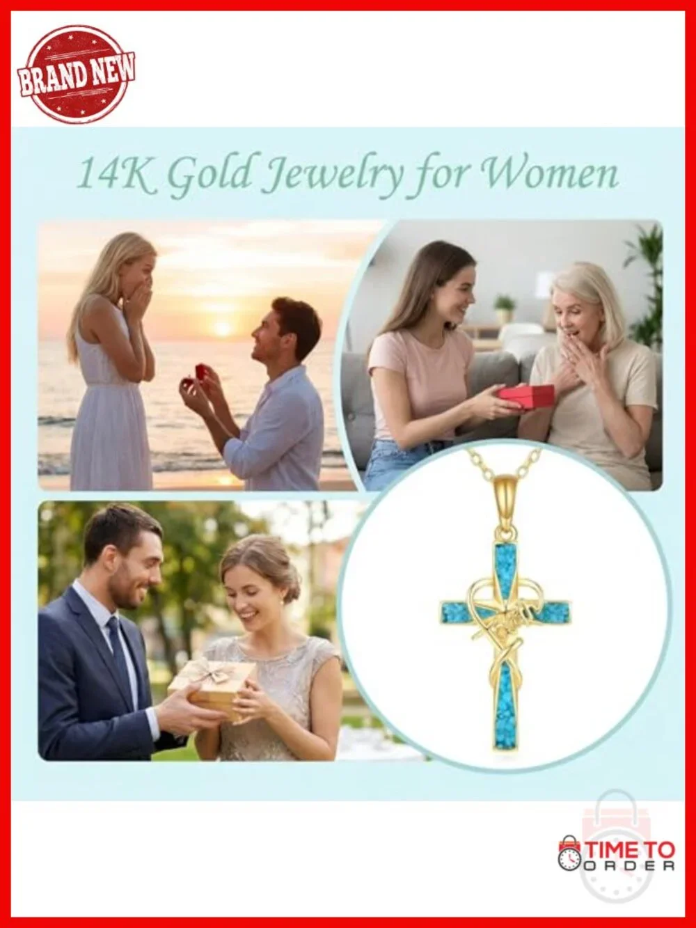 14K Solid Gold Cross Pendant Necklace with Turquoise Faith Jewelry